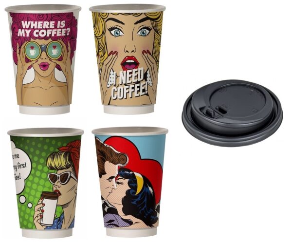 Σετ 700 Ποτήρια Χάρτινα PIN UP Διπλότοιχα 12oz + 700 Καπάκια Πιπίλα Ασφαλείας