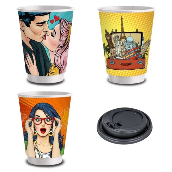Σετ 600 Ποτήρια Χάρτινα Διπλότοιχα 12oz POP ART MIX + 600 Καπάκια Πιπίλα Ασφαλείας