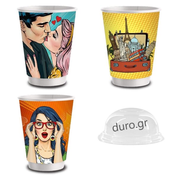 Σετ 600 Ποτήρια Χάρτινα Διπλότοιχα 12oz POP ART MIX + 600 Καπάκια Διάφανα Πομπέ Ø90mm