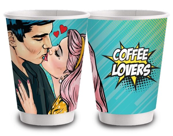 Σετ 600 Ποτήρια Χάρτινα Διπλότοιχα 12oz POP ART MIX + 600 Καπάκια Διάφανα Πομπέ Ø90mm - Image 4