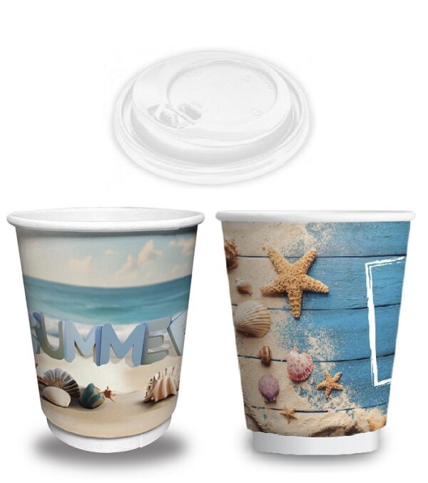 Σετ 600 Ποτήρια Χάρτινα SUMMER MIX Διπλότοιχα 12oz + 600 Καπάκια Πιπίλα Ασφαλείας