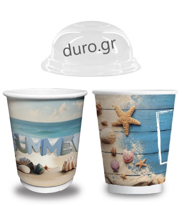 Σετ 600 Ποτήρια Χάρτινα SUMMER MIX Διπλότοιχα 12oz + 600 Καπάκια Διάφανα Πομπέ Ø90mm