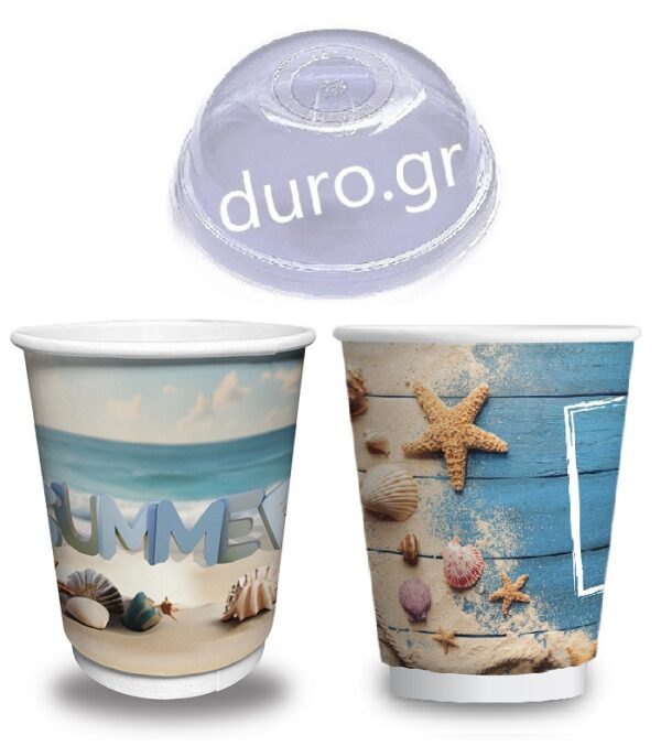 Σετ 600 Ποτήρια Χάρτινα SUMMER MIX Διπλότοιχα 12oz + 600 Καπάκια Διάφανα Πομπέ Ασφαλείας Ø90mm