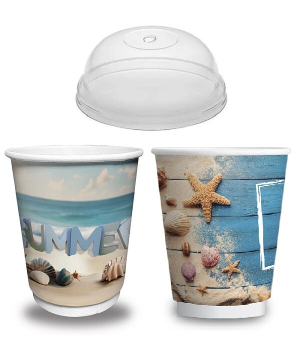 Σετ 600 Ποτήρια Χάρτινα SUMMER MIX Διπλότοιχα 12oz + 600 Καπάκια Διάφανα Πομπέ Ασφαλείας Ø90mm - Image 2