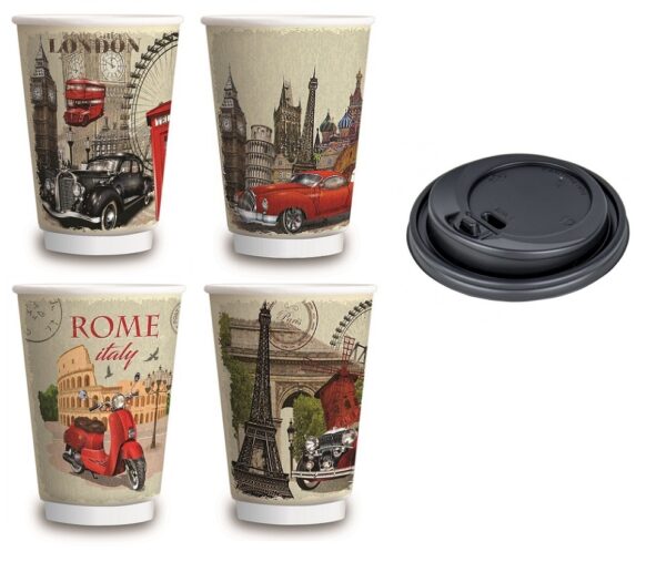 Σετ 600 Ποτήρια Χάρτινα Διπλότοιχα 12oz GLOBAL MIX + 600 Καπάκια Πιπίλα Ασφαλείας