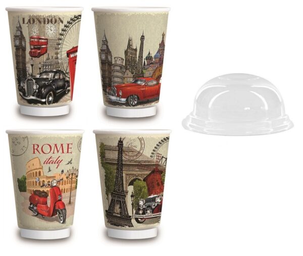Σετ 600 Ποτήρια Χάρτινα Διπλότοιχα 12oz GLOBAL MIX + 600 Καπάκια Διάφανα Πομπέ Ø90mm