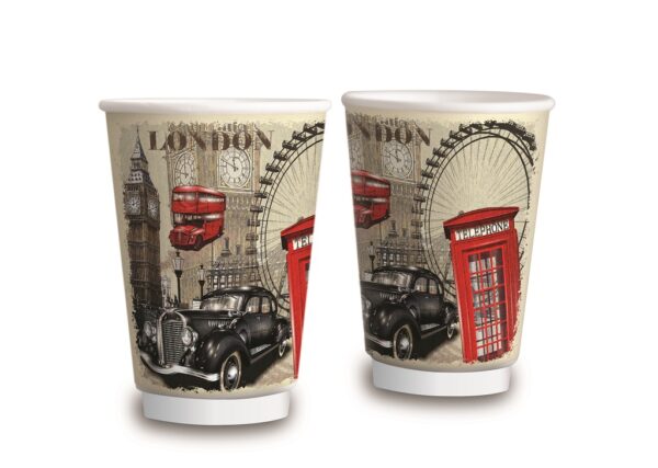 Σετ 600 Ποτήρια Χάρτινα Διπλότοιχα 12oz GLOBAL MIX + 600 Καπάκια Διάφανα Πομπέ Ø90mm - Image 2
