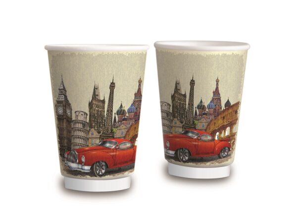 Σετ 600 Ποτήρια Χάρτινα Διπλότοιχα 12oz GLOBAL MIX + 600 Καπάκια Διάφανα Πομπέ Ø90mm - Image 5
