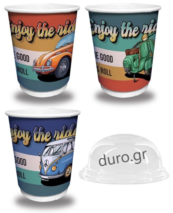 Σετ 600 Ποτήρια Χάρτινα Διπλότοιχα 12oz RETRO MIX + 600 Καπάκια Διάφανα Πομπέ Ø90mm