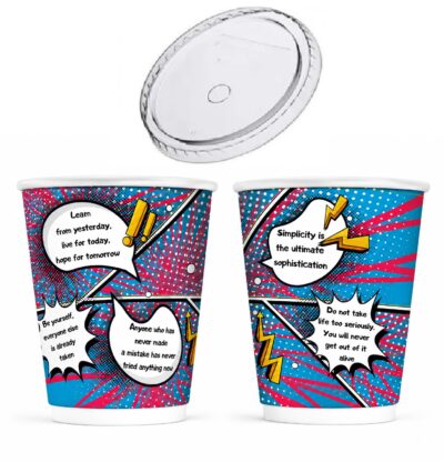 Σετ 600 Ποτήρια Χάρτινα Διπλότοιχα 12oz POP ART WORDS + 600 Καπάκια Flat Ø90mm