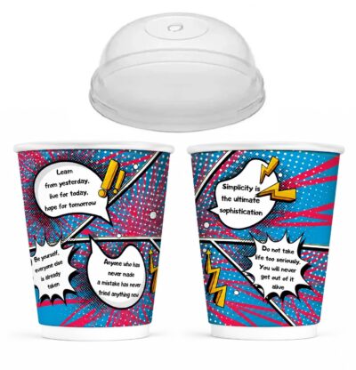 Σετ 600 Ποτήρια Χάρτινα Διπλότοιχα 12oz POP ART WORDS + 600 Καπάκια Διάφανα Πομπέ Ασφαλείας Ø90mm - 8mm