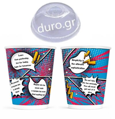 Σετ 600 Ποτήρια Χάρτινα Διπλότοιχα 12oz POP ART WORDS + 600 Καπάκια Διάφανα Πομπέ Ασφαλείας Ø90mm