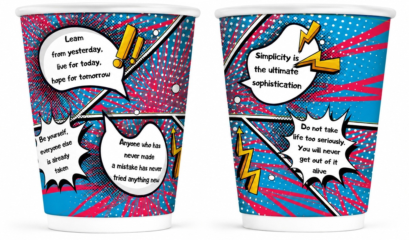 Σετ 600 Ποτήρια Χάρτινα Διπλότοιχα 12oz POP ART WORDS + 600 Καπάκια Διάφανα Πομπέ Ασφαλείας Ø90mm - Image 2