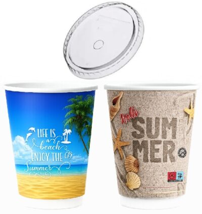 Σετ 600 Ποτήρια Χάρτινα Διπλότοιχα 12oz SUMMER VIBES + 600 Καπάκια Flat Ø90mm