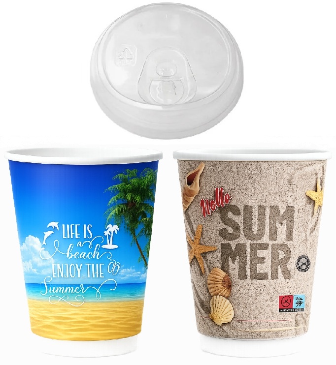 Σετ 600 Ποτήρια Χάρτινα Διπλότοιχα 12oz SUMMER VIBES + 600 Καπάκια Πιπίλα Strawless
