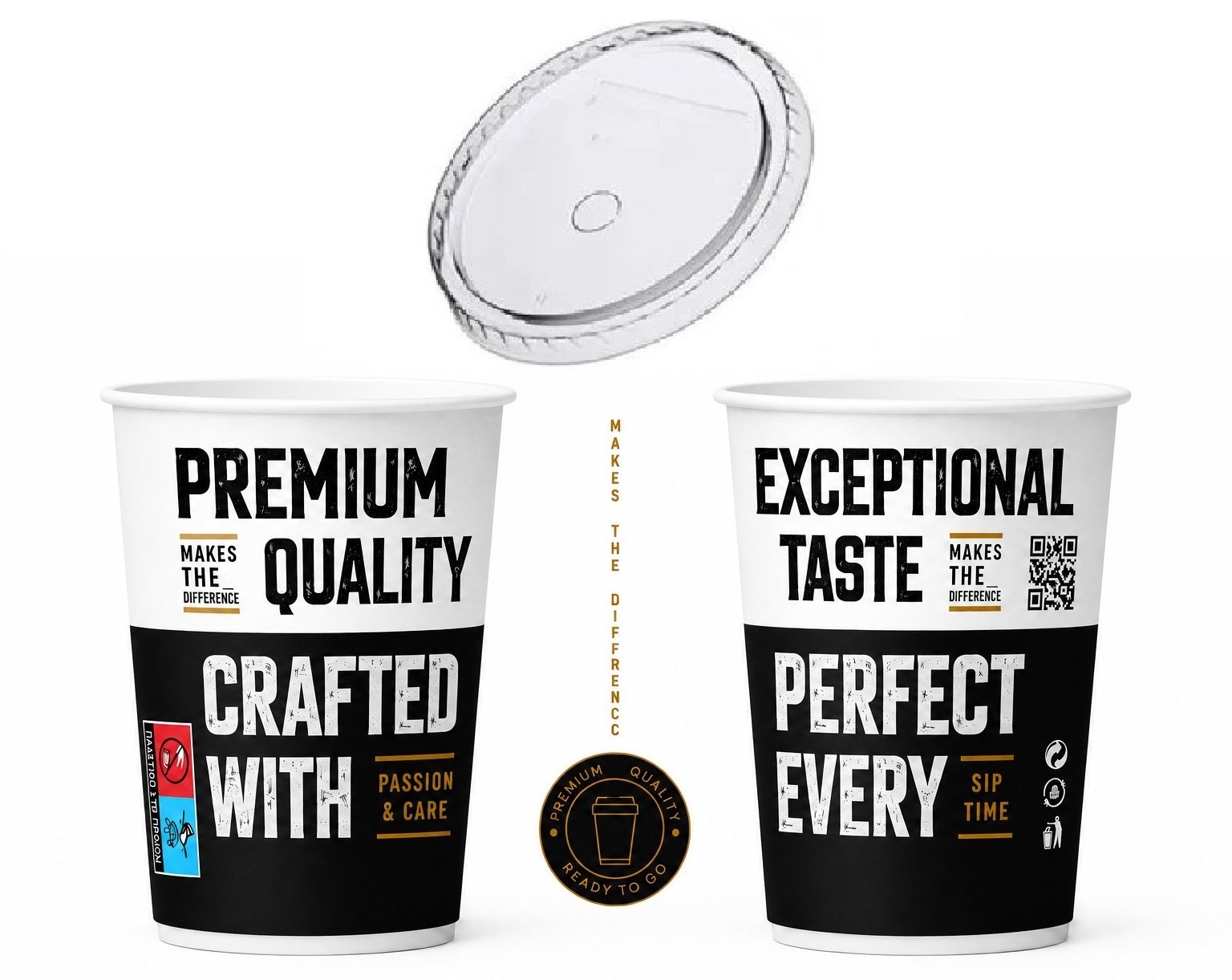 Σετ 600 Ποτήρια Χάρτινα Διπλότοιχα 12oz PREMIUM QUALITY + 600 Καπάκια Flat Ø90mm