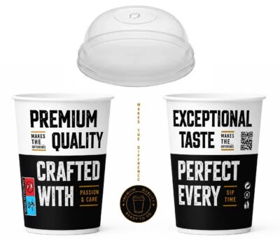 Σετ 600 Ποτήρια Χάρτινα Διπλότοιχα 12oz PREMIUM QUALITY + 600 Καπάκια Διάφανα Πομπέ Ασφαλείας Ø90mm - 8mm
