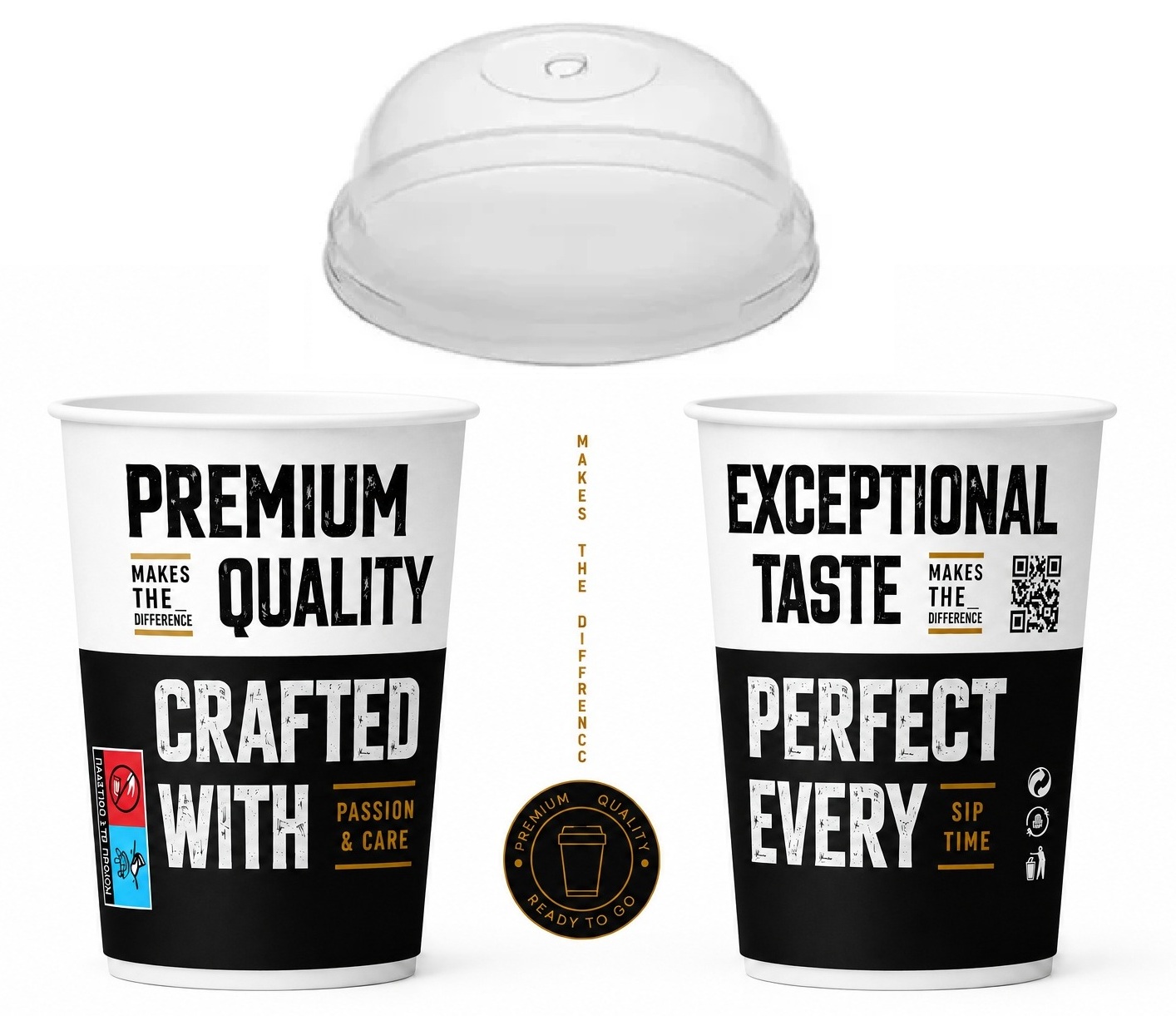 Σετ 600 Ποτήρια Χάρτινα Διπλότοιχα 12oz PREMIUM QUALITY + 600 Καπάκια Διάφανα Πομπέ Ασφαλείας Ø90mm - Image 2